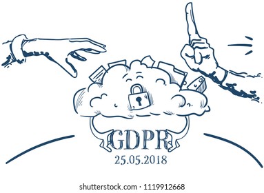 do not touch hand pointing letter cloud padlock General Data Protection Regulation GDPR server security guard over white background hand drawn vector illustration