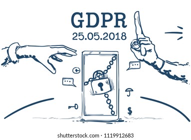 do not touch hand pointing padlock safe General Data Protection Regulation GDPR server security guard over white background hand drawn vector illustration