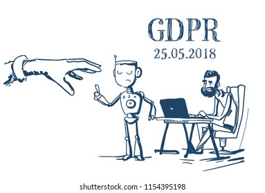 do not touch hand pointing robot businessman working office desk General Data Protection Regulation GDPR server security guard over white background hand drawn vector illustration
