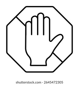 Do not touch hand thin line icon, city museum concept. Vector graphics. Human hand palm crossed, forbidden sign on white background, style mobile or design