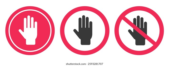 Do not touch icon sign vector set, stop hand or no entry red symbol, stop stocker shape silhouette safety warning caution gesture access clip art 