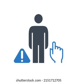 Do not touch people related vector glyph icon. Man hand and exclamation mark in a triangle. Isolated on white background. Editable vector illustration