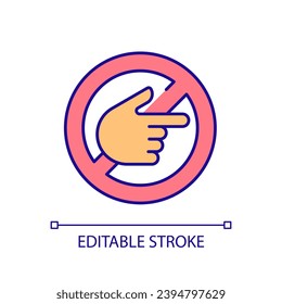 Do not touch RGB color icon. Prohibited sign. Pointing hand. Non violent communication. No discrimination. Index finger. Isolated vector illustration. Simple filled line drawing. Editable stroke