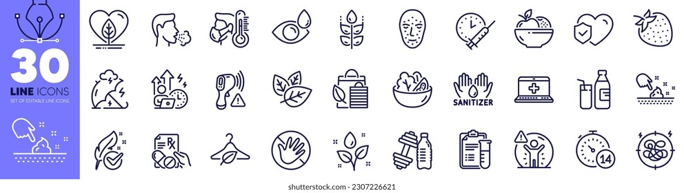 Do not touch, Salad and Stress line icons pack. Skin moisture, Slow fashion, Quarantine web icon. Electronic thermometer, Social distance, Medical help pictogram. Stress protection. Vector