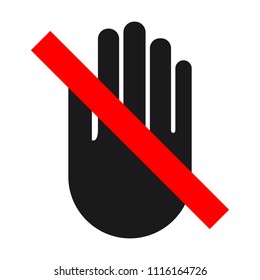 DO NOT TOUCH sign. Black hand silhouette and red crossing strip. Vector icon.
