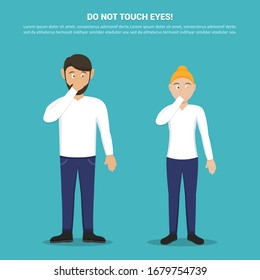 Do not touch your eyes with man and woman in a flat design. Tips for not picking up a virus. Preventive measures against coronavirus