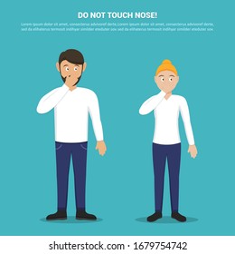 Do not touch your nose with man and woman in a flat design. Tips for not picking up a virus. Preventive measures against coronavirus