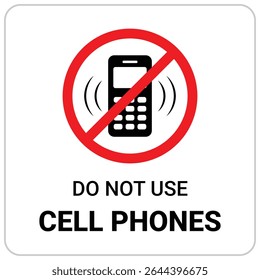 do not use cell phones, security warning sign, stop using mobile, restricted area, horizontal banner on white background