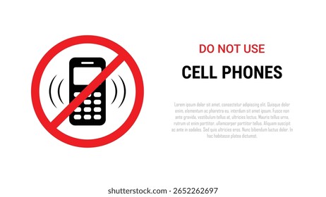 Mobiltelefone nicht benutzen, Sicherheitswarnungszeichen, keine Mobiltelefone mehr benutzen, eingeschränkter Bereich, Warnbanner auf weißem Hintergrund, Kopienraum für Text