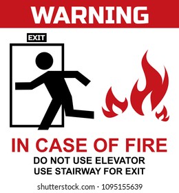 Do not use elevator in case of fire, Prohibition sign, warning banner. Symbol vector.