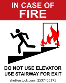 Do not use elevator in case of fire, Prohibition sign, warning banner.