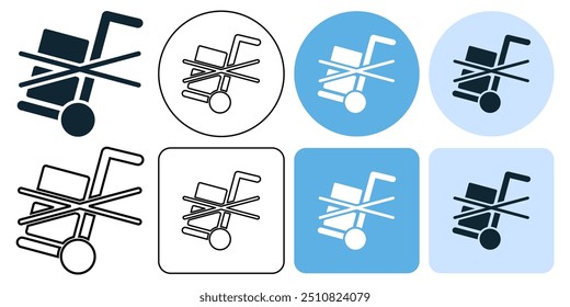 não use caminhão de mão, logístico carrinho de papelão empilhadeira frete carga carga carga levantamento de peso armazém em movimento para embalagem entrega ou ícone de carga símbolo design ui e ux, glifos e linha de traço