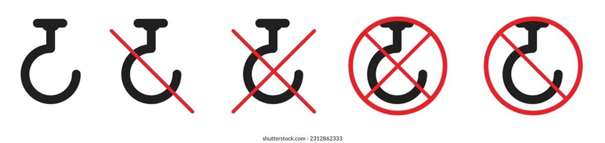 Do not use hook sign vector. No hook icon set. Product shipping hook instruction pictogram in black and red color