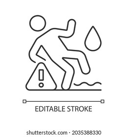 Do not use on wet surface linear manual label icon. Thin line customizable illustration. Contour symbol. Vector isolated outline drawing for product use instructions. Editable stroke