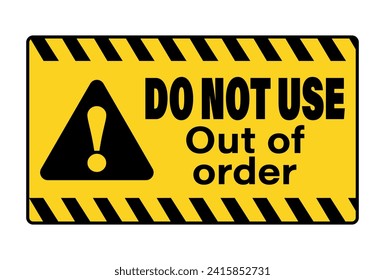 Do not use, out of order. Warning sign with triangle, text by right and yellow black barricade tape in the upper and lower sides.