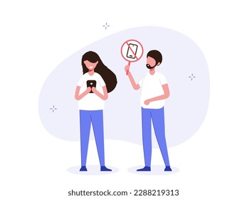 Do not use phone. Man with sign in his hand versus smartphones. Protest against modern technology. Zone with Restrictions. Modern flat vector illustration.