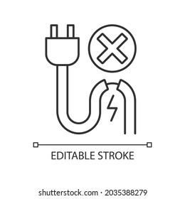 Do not use when damaged cable linear manual label icon. Thin line customizable illustration. Contour symbol. Vector isolated outline drawing for product use instructions. Editable stroke