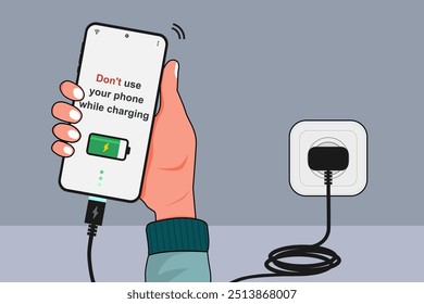 Do not use your phone while charging concept. Hand holding a mobile phone while charging. Electronic equipment safety campaign. Vector illustration.