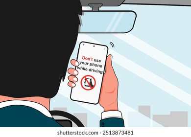 Do not use your phone while driving concept. A man driving a car while using a mobile phone. Driving safety campaign. Vector illustration.