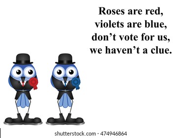 Do not vote for us poem comical left and right wing politicians isolated on white background with copy space for own text