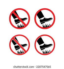 Do not walk on grass sign with shoe icon vector symbol. Shoe stepping on grass interdiction symbol vector in crossed out circle.