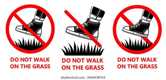 Do not walk on grass lawn, no allowed foot shoes step on garden green plant icon set. Prohibition stand in boots on park flowers. Forbidden person footsteps on herb field. Warning stop sign. Vector 