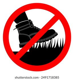 Do not walk on grass sign with shoe icon vector symbol. Shoe stepping on grass interdiction symbol vector in crossed out circle.