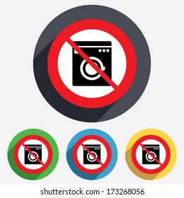 Do not wash. Washing machine icon. Home appliances symbol. Red circle prohibition sign. Stop flat symbol. Vector