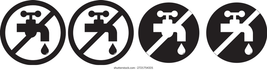 No desperdicie el conjunto de iconos del grifo de agua. Señal de prohibición. indicando agua no potable. No agua potable, señal de prohibición. No beba agua signo, Ilustración vectorial