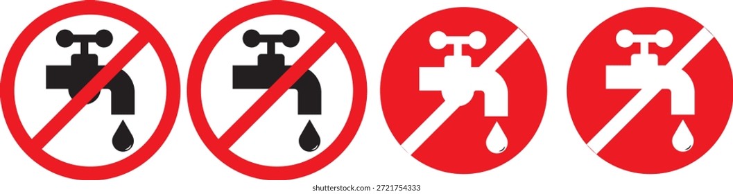 No desperdicie el conjunto de iconos del grifo de agua. Señal de prohibición. indicando agua no potable. No agua potable, señal de prohibición. No beba agua signo, Ilustración vectorial