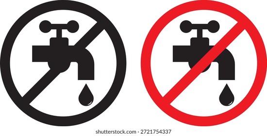 No desperdicie el conjunto de iconos del grifo de agua. Señal de prohibición. indicando agua no potable. No agua potable, señal de prohibición. No beba agua signo, Ilustración vectorial
