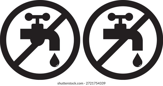 No desperdicie el conjunto de iconos del grifo de agua. Señal de prohibición. indicando agua no potable. No agua potable, señal de prohibición. No beba agua signo, Ilustración vectorial