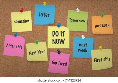 Do it Now, procrastination Concept: Adhesive Notes with push pins Cork Board Background, multi colored vector illustration