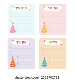 To do on white background with bright doodle of party hat. Reminder blank schedule. Isolated vector illustration. Isolated graphic template for education, work and life balance, business success