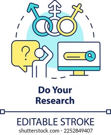 Do our research concept icon. Transgender people. Supporting gender identity abstract idea thin line illustration. Isolated outline drawing. Editable stroke. Arial, Myriad Pro-Bold fonts used