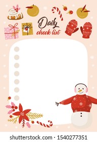 To do planner template. Daily check list. Organizer and schedule with place for Notes. Vector illustration with christmas elements. Cute and trendy