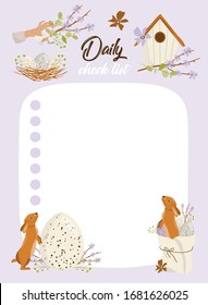 To do planner template. Daily check list. Organizer and schedule with place for Notes. Vector illustration with spring and Easter elements. Cute and trendy