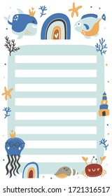 To do planner template. Daily check list. Organizer and schedule with place for Notes and fish. Vector illustration with oceanic kids elements. Cute and trendy