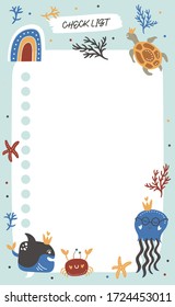 To do planner template. Daily check list. Organizer and schedule with place for Notes and fish. Vector illustration with oceanic kids elements. Cute and trendy