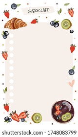 To do planner template. Daily check list. Organizer and schedule with place for Notes. Vector illustration with fruits and food elements. Cute and trendy