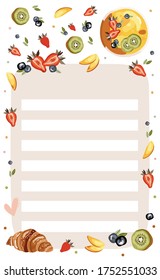 To do planner template. Daily check list. Organizer and schedule with place for Notes. Vector illustration with fruits and food elements. Cute and trendy