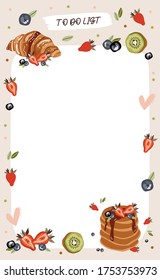 To do planner template. Daily check list. Organizer and schedule with place for Notes. Vector illustration with fruits and food elements. Cute and trendy