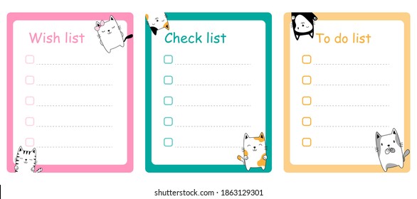 To do planner template. Daily check list. Organizer and schedule with place for Notes. Vector illustration with cute cats.