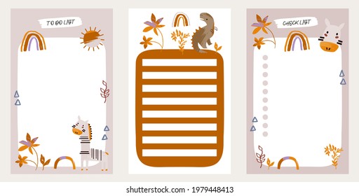 To do planner template. Daily check list. Organizer and schedule with place for Notes. Vector illustration with kids animal elements. Cute and trendy.