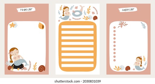 Para hacer una plantilla de planificador. Lista de comprobación diaria. Organizar y programar con un lugar para Notas. Ilustración vectorial con elementos de sirena. Agradable y de moda.