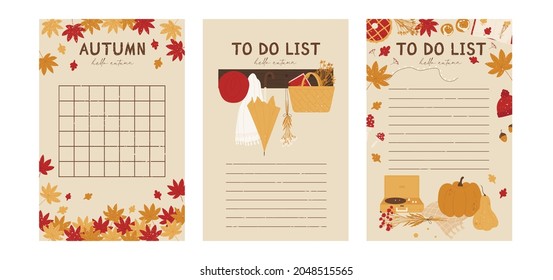 To do planner template. Daily check list cozy autumn vibes. Autumn trendy organizer elements. Harvest festival and thanksgiving day concept. Vector illustration in cartoon style. Isolated background