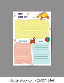 To do planner template. Daily check list. Organizer and schedule with place for Notes. Vector illustration with kids elements. Cute and trendy