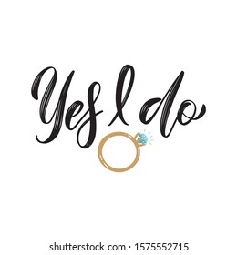 I do proposal quote. Engagement diamond ring lettering design for RSVP, wedding invitation, bridal shower party or other card. Yes, I do pastel blue vector illustration.