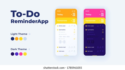 To do reminder app cartoon smartphone interface vector templates set. Mobile app screen page day mode design. Personal lifestyle organizer UI for application. Phone display with flat illustrations