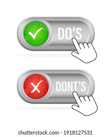 Do s and don ts red and green badge. Simple flat modern info logotype graphic design isolated on white background. Concept of rules of conduct for people like fail or incorrect decision.